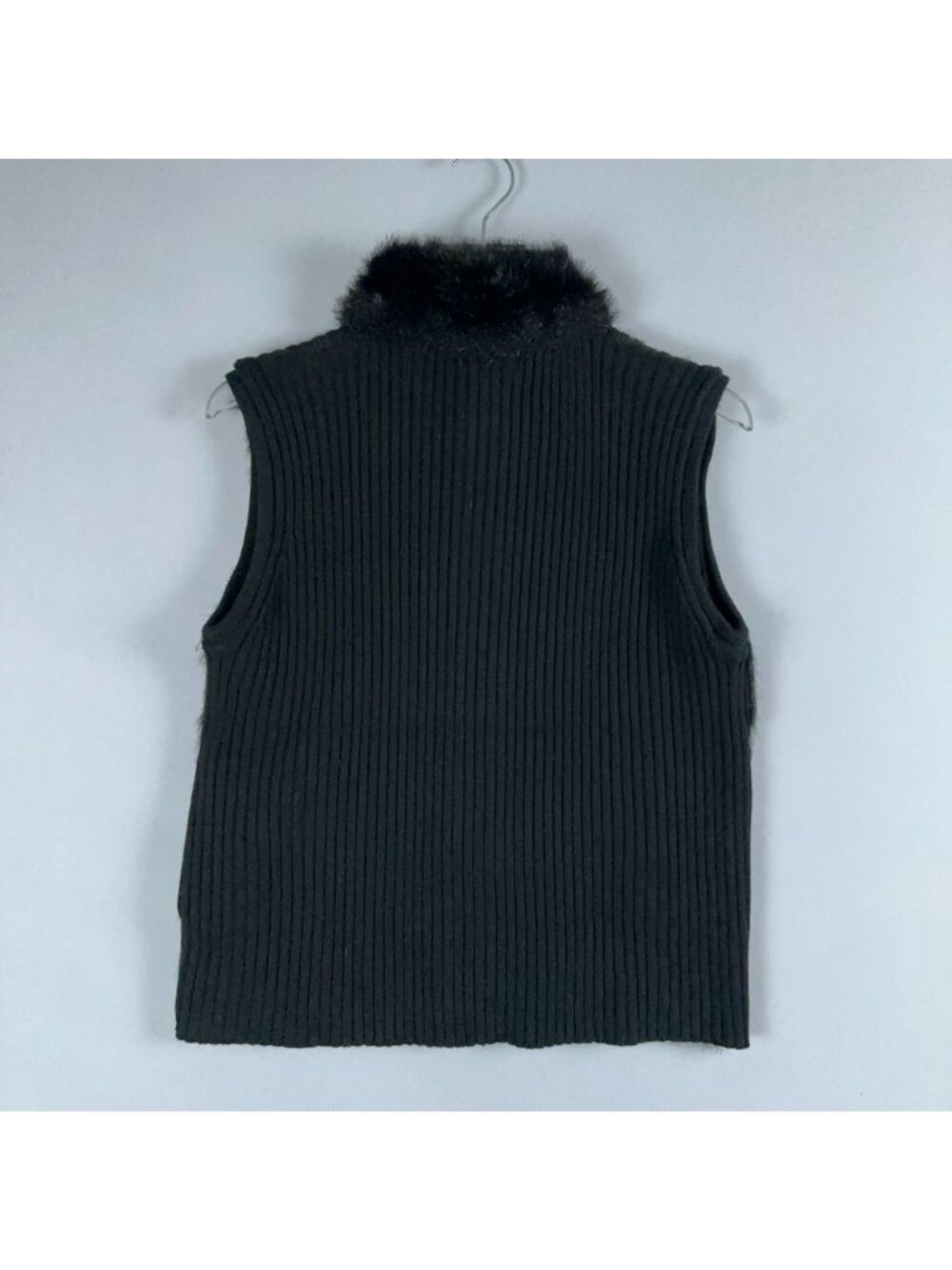 Kikit Maurice Sasson Faux Fur Vest Size Large Black Full Zip Ribbed Knit Back - Picture 6 of 12